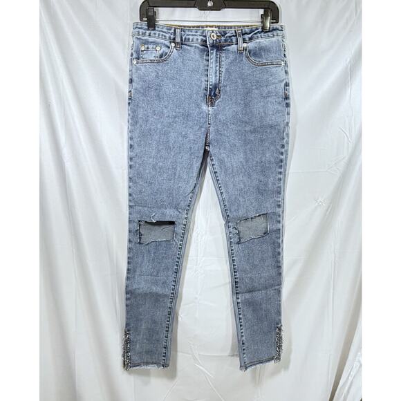 POL Distressed Cropped Jeans Silver Ring Hem Women’s Size Large - Picture 3 of 10